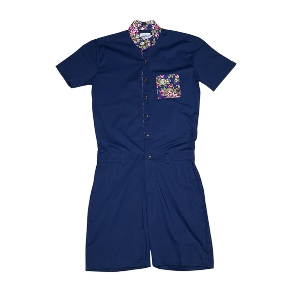 Romper Jack Men's Navy Blue Short Sleeve Utility Romper Size Small Floral Trim - Picture 1 of 8